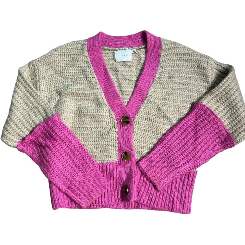 Lush Pink Tan Cropped Button Front Knit Cardigan Sweater Size S